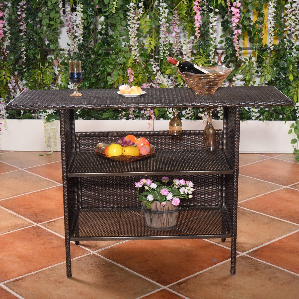 Wicker Bar & Trash Can